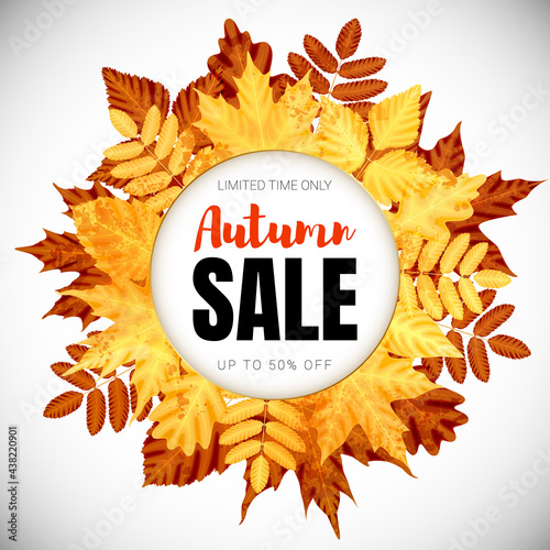 Autumn discount banner with yellow leaves wreath