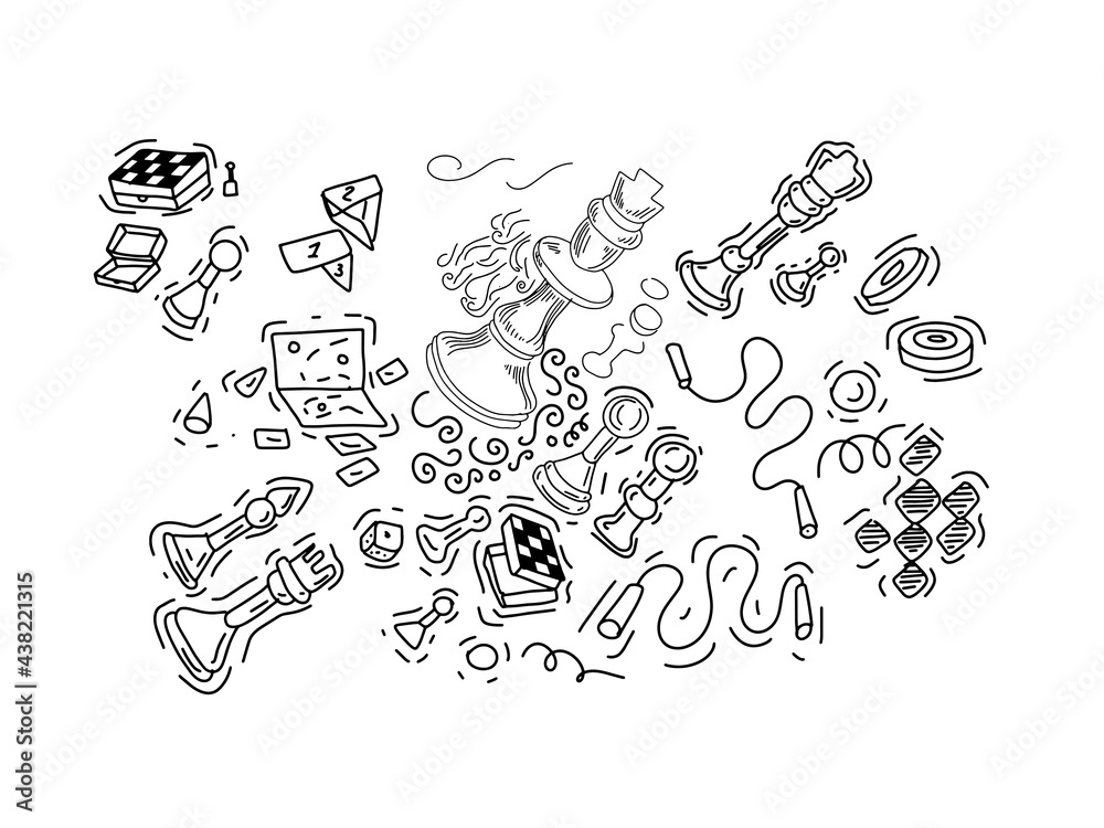 Obraz premium Chess game figures board stylized doodle sketch hand drawn print textile. isolated elements on a white background graphic line