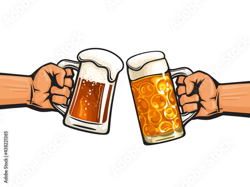 Two hands holding toasting beer mugs, Cheers. Vector illustration isolated on white background.