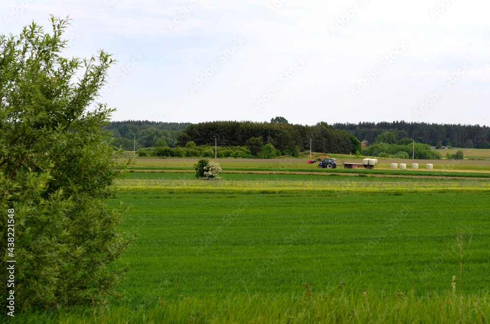 rural landscape of pasture and tractor collecting hay in the background rural landscape of pasture and tractor collecting hay in the background