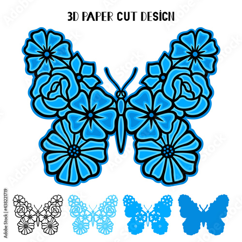 3D butterfly with flowers. Vector layered template for laser and paper cutting, printing on a T-shirt, mug. Insect silhouette.Flat style. Hand drawn decorative element for your design.