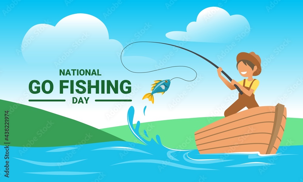 Vector illustration, boy fishing in the lake, as a banner, poster or template, national go fishing day.