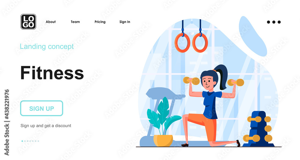 Fitness web concept. Woman is exercising with dumbbells in gym. Sport training, strength workout. Template of people scene. Vector illustration with character activities in flat design for website