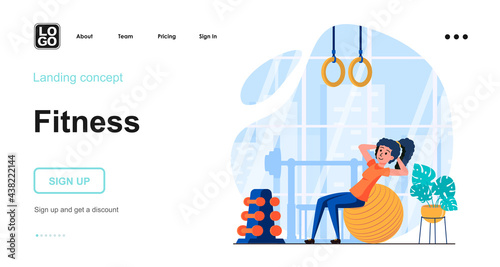 Fitness web concept. Woman is exercising with pilates ball in gym. Sport training, workout, wellness. Template of people scene. Vector illustration with character activities in flat design for website