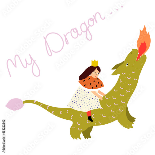Cute little princess riding a dragon.Childish print for nursery,  apparel, poster, postcard and child's room, t-shirt and ect.