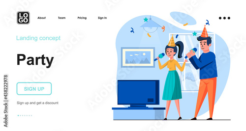 Party web concept. Man and woman celebrating holiday, singing in karaoke. Couple having fun at home. Template of people scene. Vector illustration with character activities in flat design for website