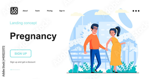 Pregnancy web concept. Pregnant woman and man walking in city park. Young family expecting baby. Template of people scene. Vector illustration with character activities in flat design for website