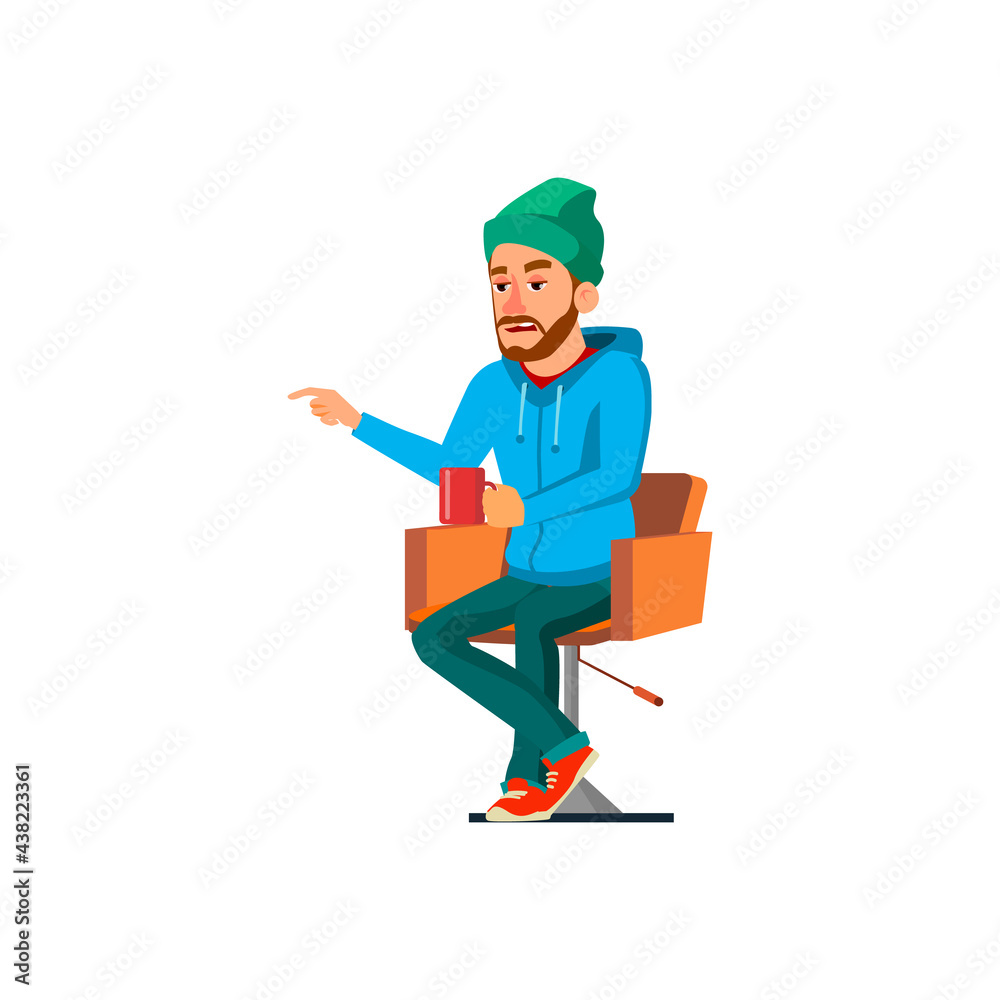 tired man drinking coffee and pointing at pun cake in showcase cartoon vector. tired man drinking coffee and pointing at pun cake in showcase character. isolated flat cartoon illustration tired man drinking coffee and pointing at pun cake in showcase cartoon vector. tired man drinking coffee and pointing at pun cake in showcase character. isolated flat cartoon illustration