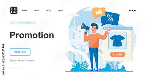 Promotion web concept. Marketer announces sale, attracts customers with discounts. Marketing tools. Template of people scene. Vector illustration with character activities in flat design for website © alexdndz