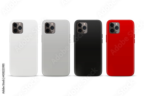 Vector 3d Realistic White, Gray, Black, Red Blank Phone Case Design Template. Back Cover for Smartphone Set Isolated on White Background. Mockup. Front View