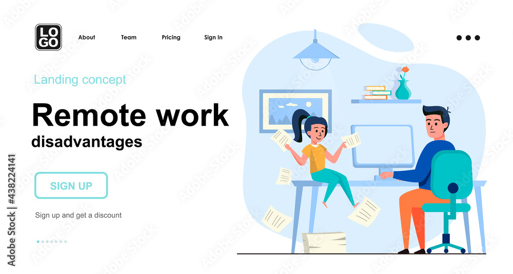 Remote work disadvantages web concept. Man works at home office and distracted by his daughter. Template of people scene. Vector illustration with character activities in flat design for website