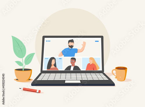 people connecting together, learning and meeting online via teleconference or video conference remote working on laptop computer, work from home and anywhere, flat vector illustration photo