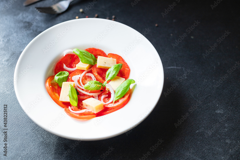 tomato salad and cheese veggie vegetable basil on the table healthy food diet meal snack copy space background rustic. top view vegetarian food tomato salad and cheese veggie vegetable basil on the table healthy food diet meal snack copy space background rustic. top view vegetarian food