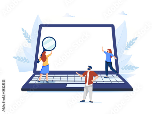 Laptop with white screen isolated on white background. Copy space text. Mockup design illustration. Company employees