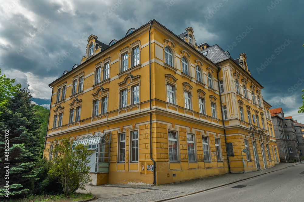 Houses in Vimperk town in spring color fresh rainy day