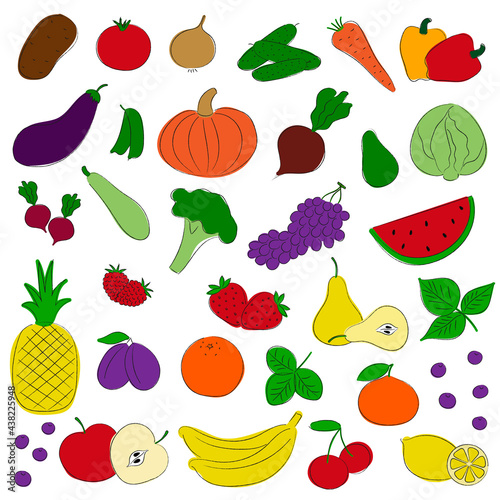 Set of hand drawn fruit and vegetables. Doodle organic food, vegan vegetable kitchen, healthy food