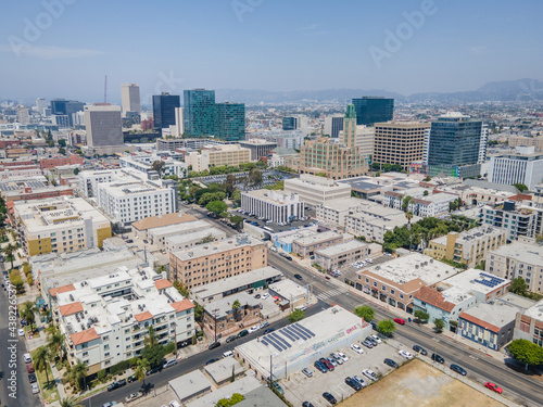 Los Angeles, CA, LA County, June 2, 2021: Aerial View of LA Koreatown with Wilshire Blvd, Vermont St, 7th St around Bullocks, historical art deco building, Southwestern Law School photo