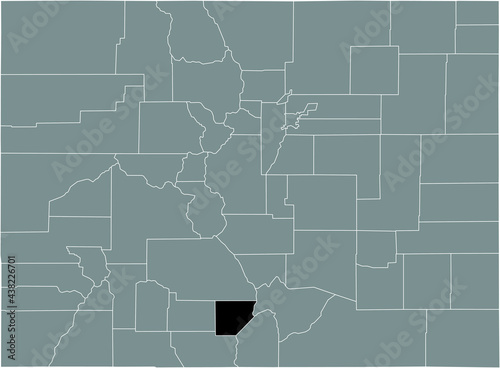 Black highlighted location map of the US Alamosa county inside gray map of the Federal State of Colorado, USA