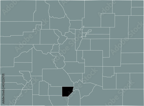Black highlighted location map of the US Alamosa county inside gray map of the Federal State of Colorado  USA