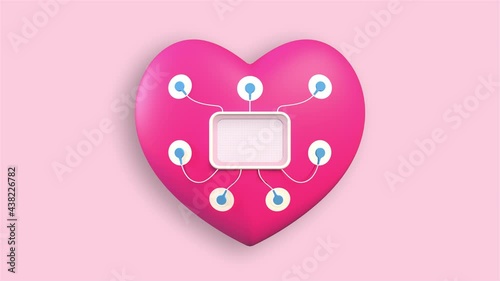 Toy heart with holter and sensors on a light pink background. Electro Cardiogram. Heartbeats