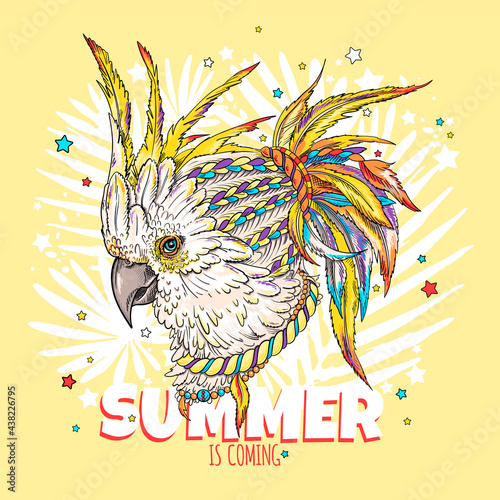 Kakadu parrot head in boho style  . Summer is coming illustration. Stylish image for printing on any surface	