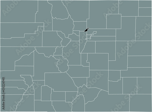 Black highlighted location map of the US City and County of Broomfield inside gray map of the Federal State of Colorado, USA