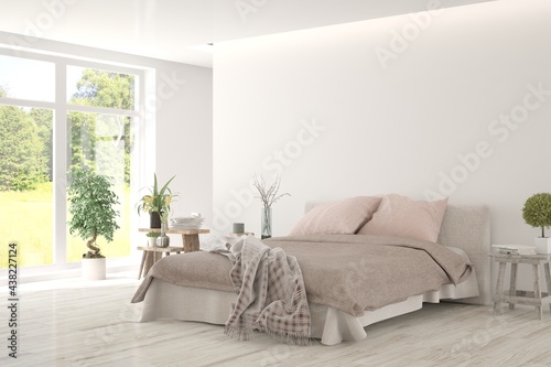 Stylish bedroom in white color with summer landscape in window. Scandinavian interior design. 3D illustration © AntonSh