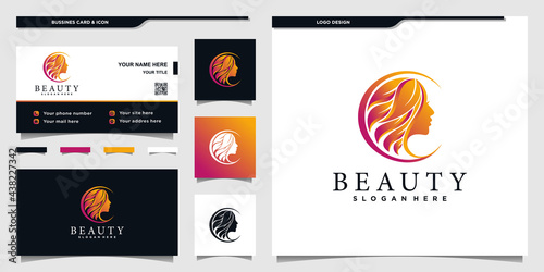 Beauty woman logo with unique gradient colors flower concept and business card Premium Vector
