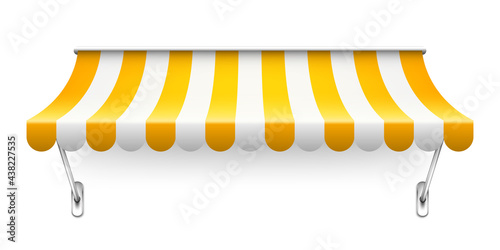 Shop sunshade with metal mount. Realistic yellow striped cafe awning. Outdoor market tent. Roof canopy. Summer street store. Vector illustration.