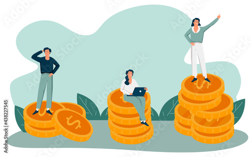 Rich and poor people with different salary, income or career growth unfair opportunity. Concept of financial inequality or gap in earning. Flat vector cartoon illustration isolated