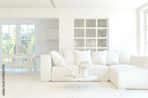 White minimalist living room with sofa. Scandinavian interior design. 3D illustration