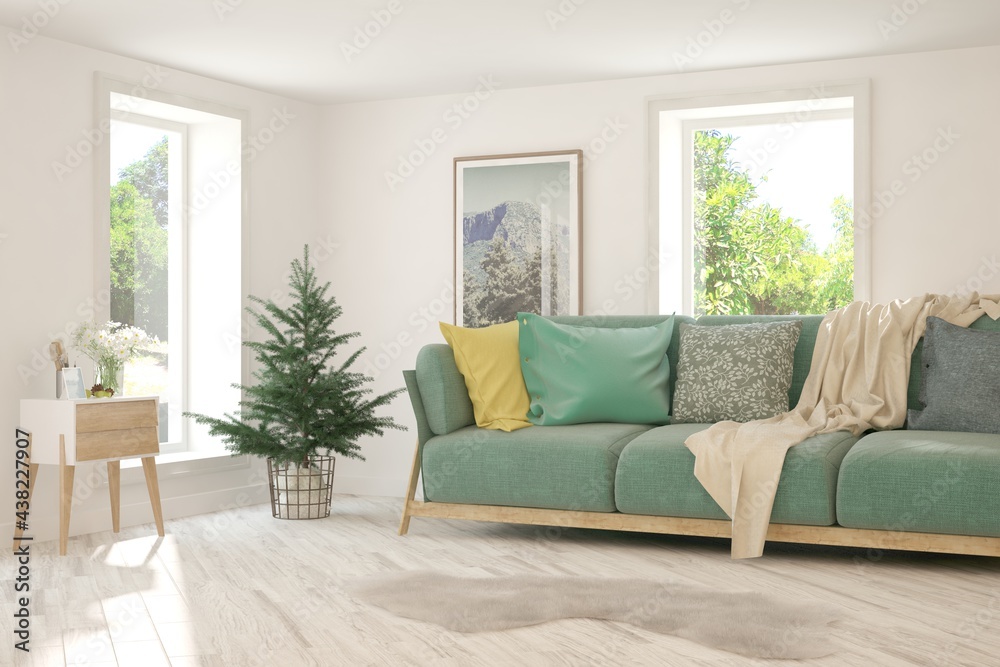 Fototapeta premium White living room with sofa and summer landscape in window. Scandinavian interior design. 3D illustration