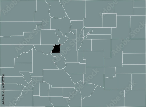 Black highlighted location map of the US Lake county inside gray map of the Federal State of Colorado, USA