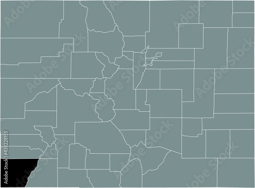 Black highlighted location map of the US Montezuma county inside gray map of the Federal State of Colorado, USA