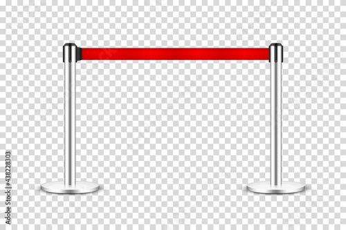 Realistic retractable belt stanchion on transparent background. Crowd control barrier posts with caution strap. Queue lines. Restriction border and danger tape. Vector illustration.