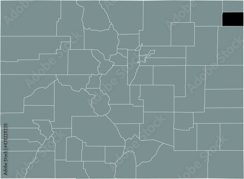 Black highlighted location map of the US Phillips county inside gray map of the Federal State of Colorado, USA