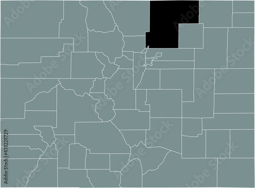 Black highlighted location map of the US Weld county inside gray map of the Federal State of Colorado, USA