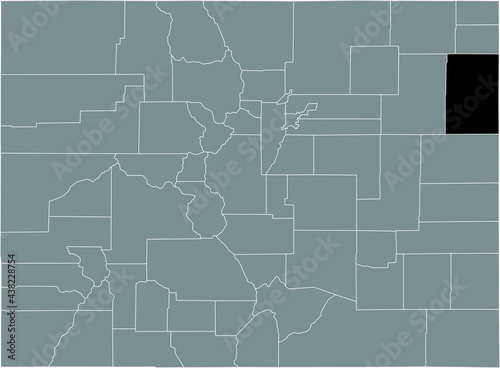 Black highlighted location map of the US Yuma county inside gray map of the Federal State of Colorado, USA