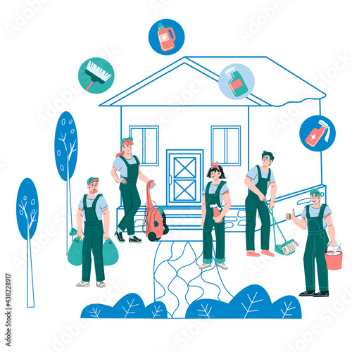 Cleaning, janitor and garden maintenance services staff at backdrop of house with garden. House yard and premise cleaning company employees, cartoon vector illustration isolated on white background.