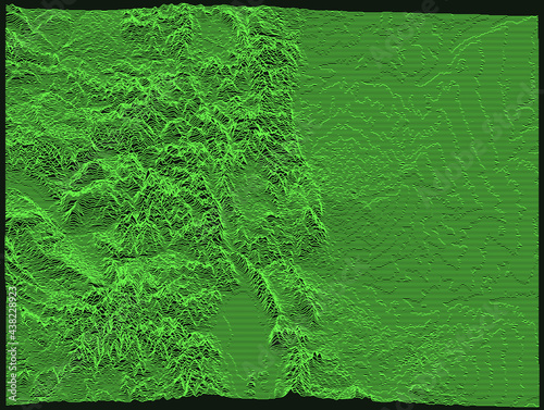 Topographic military radar tactical map of the Federal State of Colorado, USA with emerald green contour lines on dark green background
