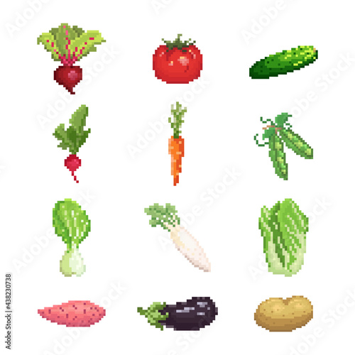 Pixel vegetables set. Pixel art vegetables huge vector collection. Pixel greens and veggies design for game, app, sticker. Big set of pixel art green vegetables icons in 8 bit retro style.