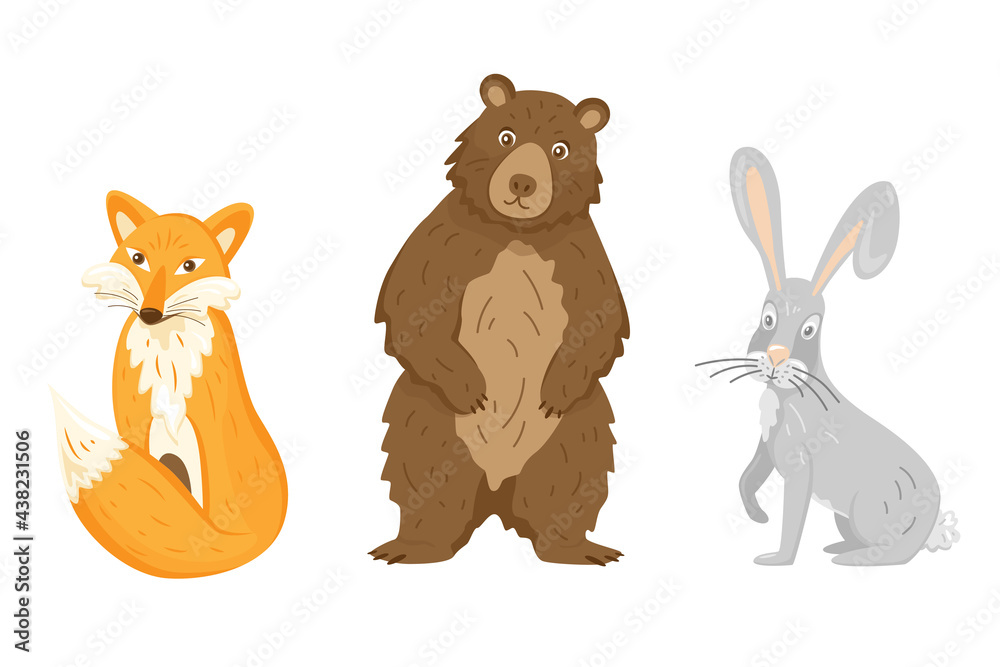 Set 4 of cute animals collection: fox, bear, rabbit. Forest animals for kid's education. Isolated vector illustration