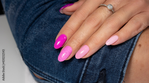 Art Manicure. Modern style pink Nails Polish.