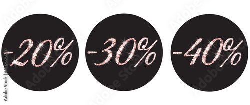 Vector set of realistic shining rose gold glitter sale icons 20%, 30%, 40% off. Discount tags, special offer labels. Isolated signs for design template.