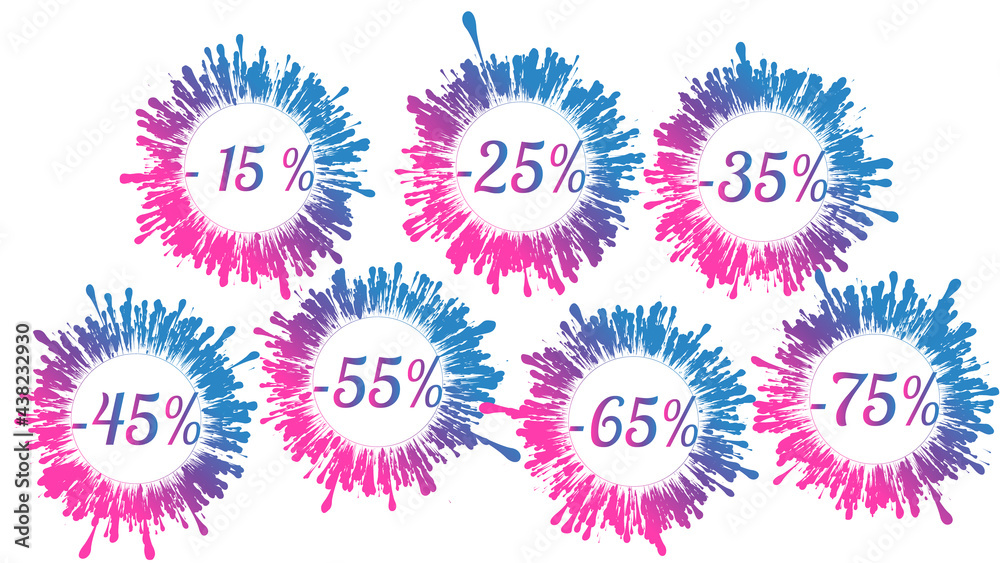 Vector set of vibrant gradient splatter sale icons 15%, 25%, 35%, 45%, 55%, 65%, 75% off. Discount blots tags, colorful special offer labels. Isolated splash signs for design template.