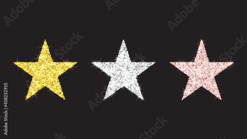 Set of 3 glitter stars. Gold, rose gold, silver high resolution star shapes. Shining design elements isolated on a black background. Vector illustration.