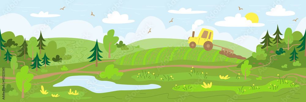 Obraz premium Agriculture. The tractor plows the land. Rural landscape with hills, forest, field and pond. Hand drawn illustration