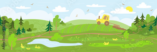 Agriculture. The tractor plows the land. Rural landscape with hills  forest  field and pond. Hand drawn illustration