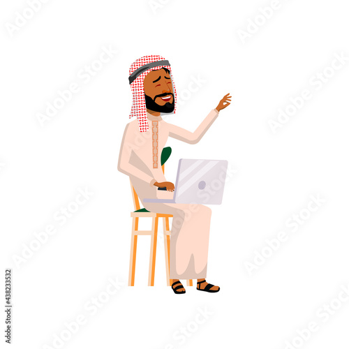 smiling arabic man watching online film on notebook cartoon vector. smiling arabic man watching online film on notebook character. isolated flat cartoon illustration