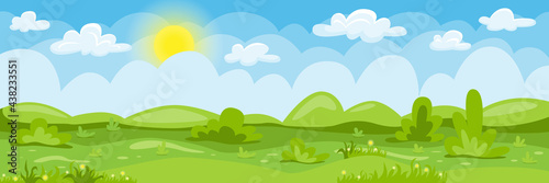 Cartoon landscape. Summer background with cloudy blue skies  green hills  grass  trees and flowers. Vector illustration